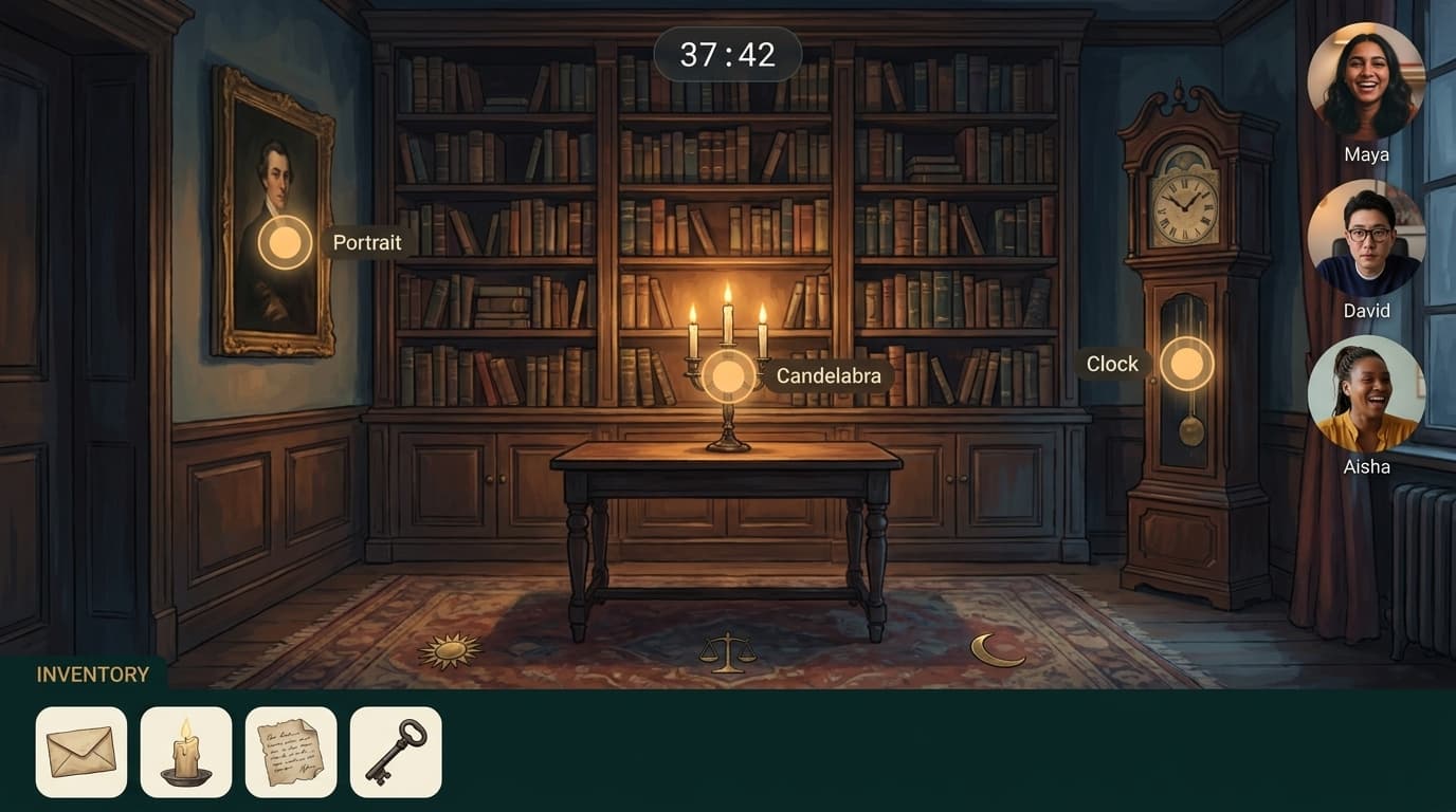 Illustrated escape room scene with glowing hotspots and inventory
