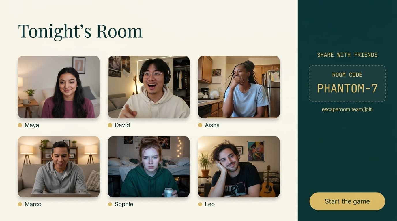 EscapeRoom.team lobby with video tiles and a shared room code
